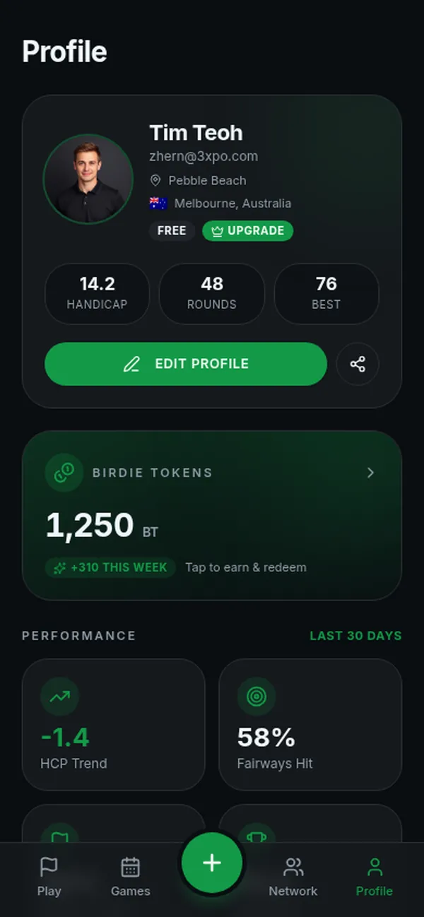 LTPGolf Profile screen